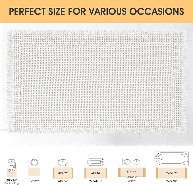 Upgrade Waffle Bath Mat, Boho Bathroom Rugs Absorbent Non Slip, Ultra Soft Bathroom Mat, Machine Washable Knit Bath Rugs with Border for Bathroom, Bedroom, Kitchen, Shower, Tub, 32"x20", White