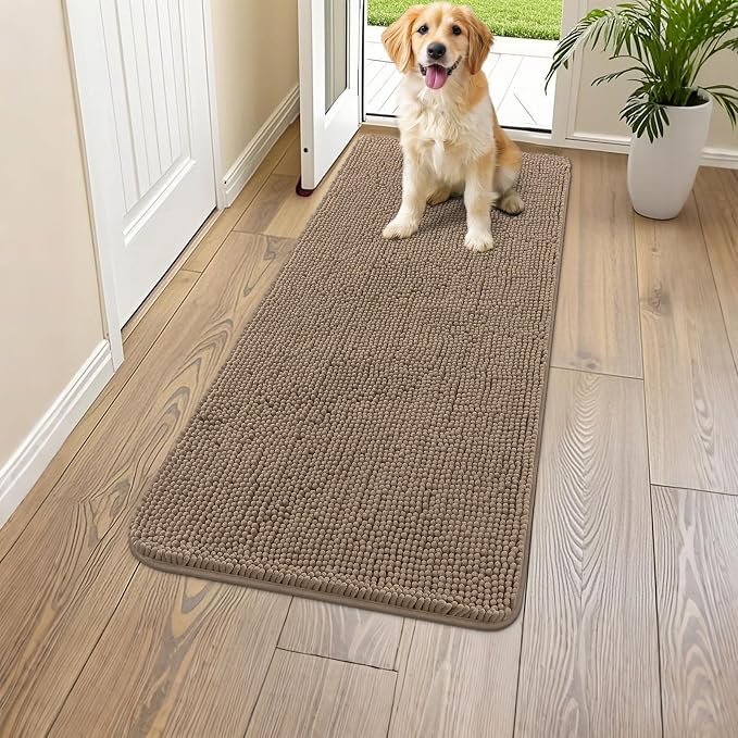 Smiry Dog Door Mat for Muddy Paws 47x24, Absorbent Dirt Trapper, Non-Slip Washable Chenille Entryway Rug for Inside Floor, Camel, Classic Solid