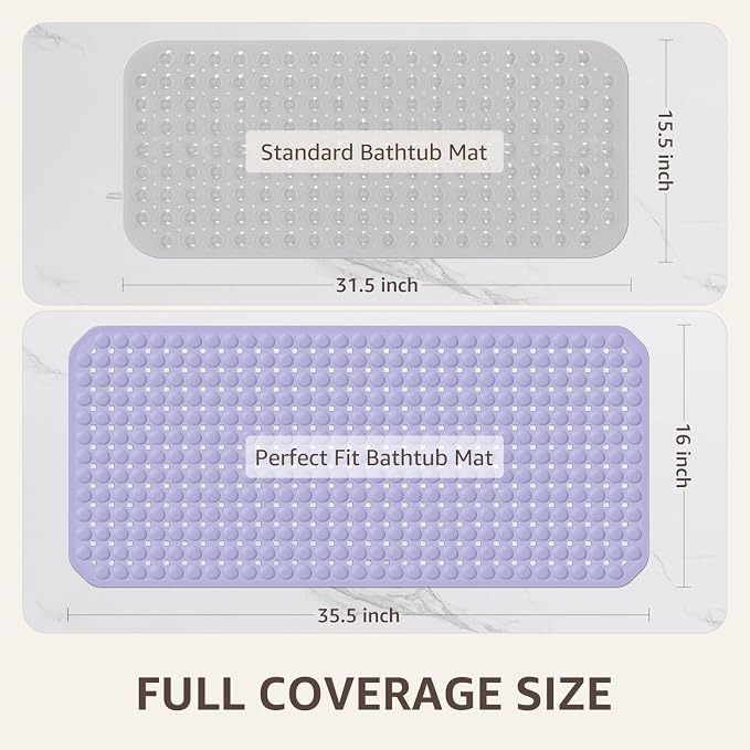 OTHWAY Bath Tub Shower Mat Non Slip, Bathtub Floor Liner Mats for Inside Shower Bathroom, Suction Cups and Drain Holes for Feet Scrubbing, Machine Washable, Soft on Feet, 35x16 Inch, Lavender