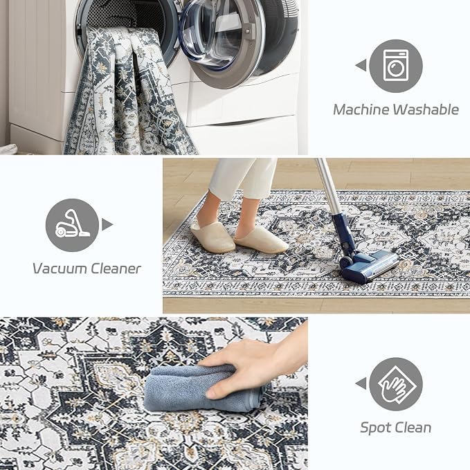 Madane Hallway Runner Rug 2x12, Extra Long Washable Runner Rugs with Rubber Backing, Non Slip Carpet Runner, Vintage Rug Runners for Kitchen Laundry Room Entryway (Black, 2'x12')