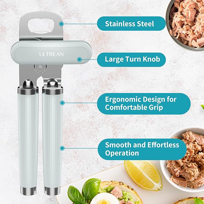 Ultrean Manual Can Opener Bottle Opener, Heavy Duty Stainless Steel Smooth Edge Manual Hand Held Can Opener With Soft Touch Handle, Rust Proof Oversized Handheld Easy Turn Knob (Mint Green)