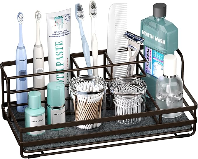 HapiRm Toothbrush Holders for Bathroom - 5 Partitions Bathroom Counter Organizer with Instant Drying Stone, Stainless Steel Countertop Storage Electric Toothbrush Toothpaste Holder - Bronze