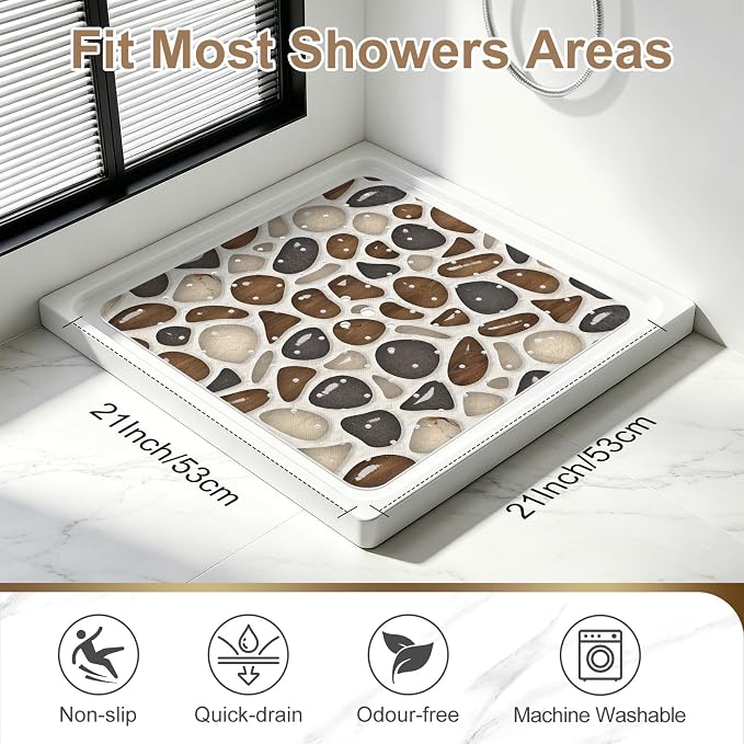 Square Shower Mat, 21x21 Inch Non Slip Shower Mats for Inside Shower Stall, Soft PVC Anti Slip Shower Mat with Sucion Cups, Machine Washable Bathroom Shower Floor Mat for Elderly Kids