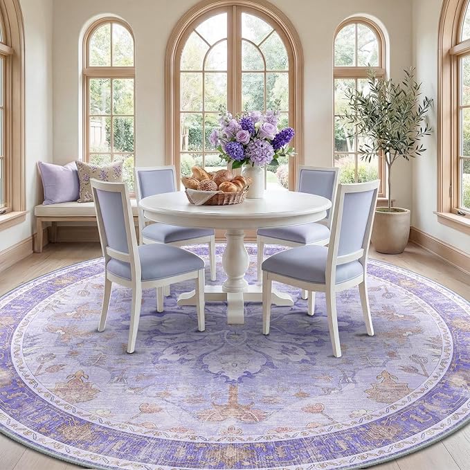 RELEANY Area Rugs Round 8ft Washable Non-Slip, Floral Vintage Distress Medallion Carpet for Living Room Bedroom Dining Room, Light Purple Brown