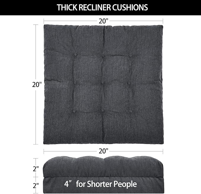 Recliner Cushions for Elderly, 20x20x4 Inch Thick Chair Cushion for Shorter Users Patent Design Soft Tufted Dual Layer Booster Seat Cushions for Seniors Recliner Risers Gray 1P