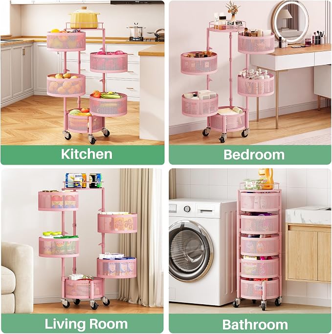 SAYZH Fruit Vegetable Basket for Kitchen, Rotating Storage Rack, 5 Tier Rolling Cart with top lid, Large Metal Wire Wheels, Pink