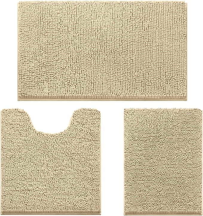 HOMEIDEAS 3 Pieces Bathroom Rugs, Ultra Soft Non Slip Absorbent Chenille Toilet Bath Mat Set (Beige)