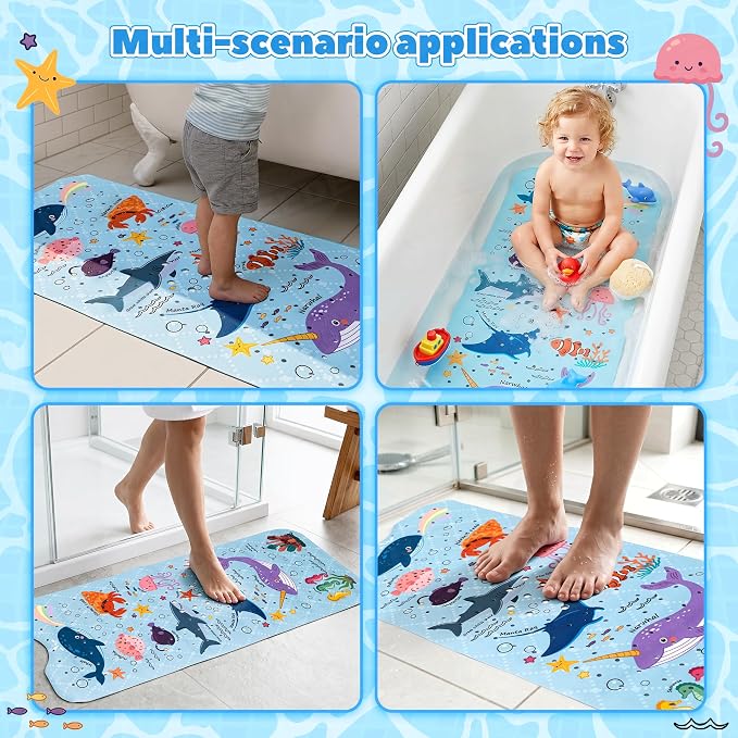 UNEEDE Baby Bathtub Mat Non Slip with 200 Suction Cups & 176 Drain Holes, 40''x16'' Quick Dry Bath Mat, Machine Washable Shower Mat for Toddlers & Kids, Ocean Pattern
