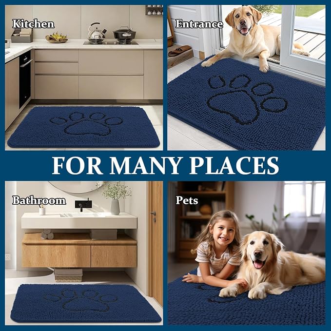 OLANLY Dog Door Mat for Muddy Paws 30x20, Paw Print Design, Absorbs Moisture and Dirt, Absorbent Non-Slip Washable Doormat, Quick Dry Chenille Mud Mat for Dogs, Entry Indoor Entryway Carpet, Dark Blue