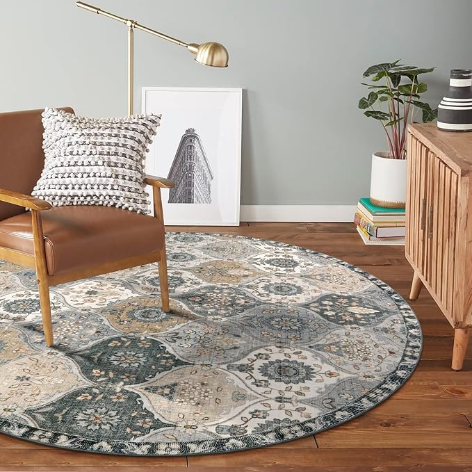 Lahome Moroccan Washable Round Rug 5ft, Soft Vintage Circle Rug for Dining Room Office Bedroom Bathroom Entryway, Distress Non Slip Low Pile Stain Resistant Accent Rug Elise, Grey
