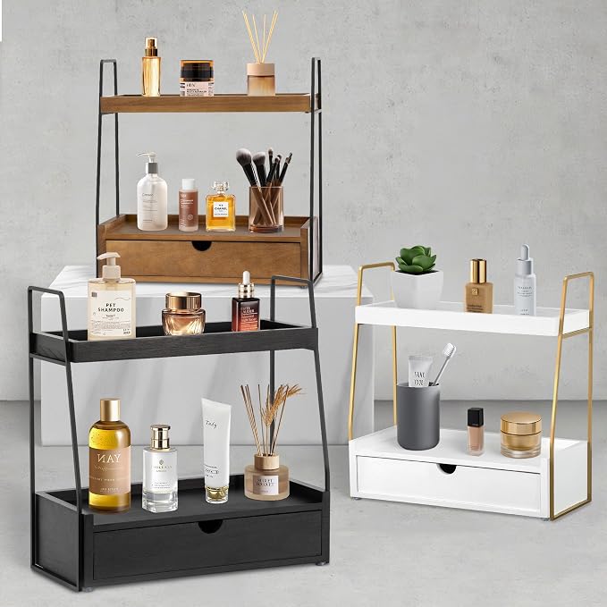 2-Tier Bathroom Organizer Countertop with Drawer, Wood Counter Organizer for Bathroom Decor, Sink Shelf for Vanity Storage, Makeup Tray for Perfume Skincare, Spice Rack Bedroom Kitchen Corner