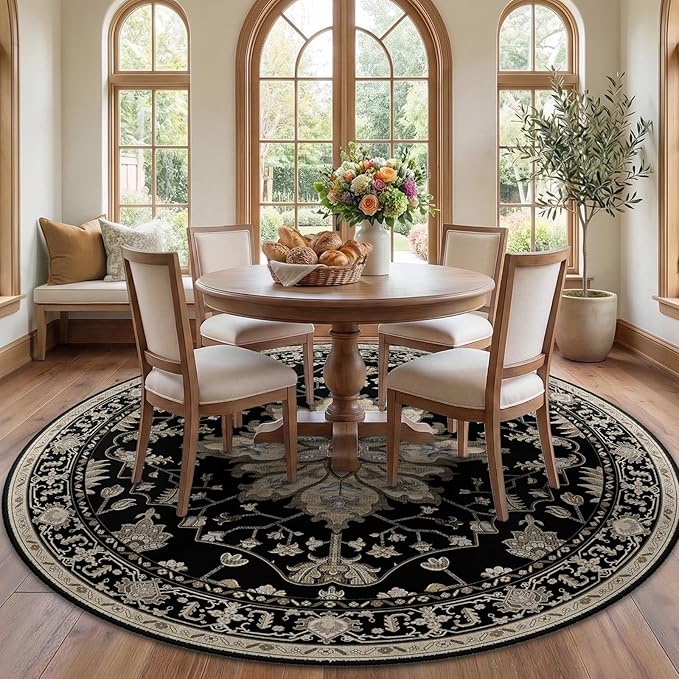 RELEANY Area Rugs Round 7ft Washable Non-Slip, Floral Vintage Distress Medallion Carpet for Living Room Bedroom Dining Room, Black Brown Neutral Dark Tan