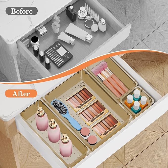 SpaceHacks 25 PCS Plastic Drawer Organizer Set, 4-Size Versatile Organizer Trays & storage Bins for Makeup, Jewelry, and Gadgets in Bathroom, Bedroom and Office,Champagne
