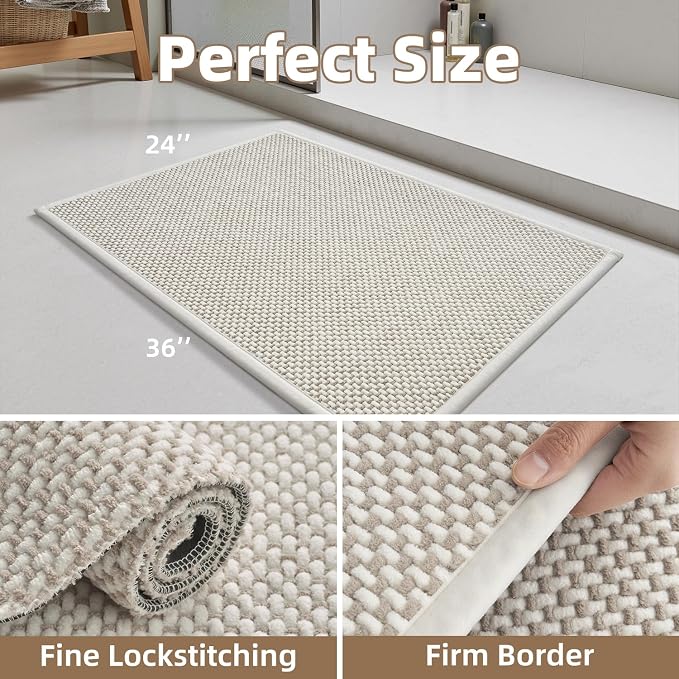 PADOOR-Bath Mat-Super Absorbent Chenille Bathroom Mats-Rubber Backed Bath Mats for Bathroom Non Slip, Easy Clean Bathroom Rugs Front of Bathtub,Shower Room,Sink-24×36, Beige&Cream