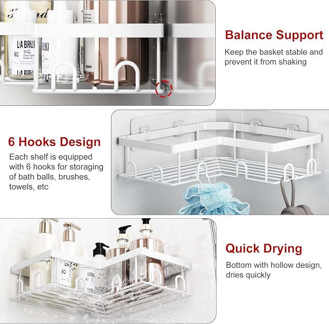 Liuoud Corner Shower Caddy 5 Pack, Rustproof Stainless Steel Shower Organizer with Soap Rack Toothbrush Holder, Large Capacity Adhesive No Drilling Bathroom Kitchen&Home Decor Set, White