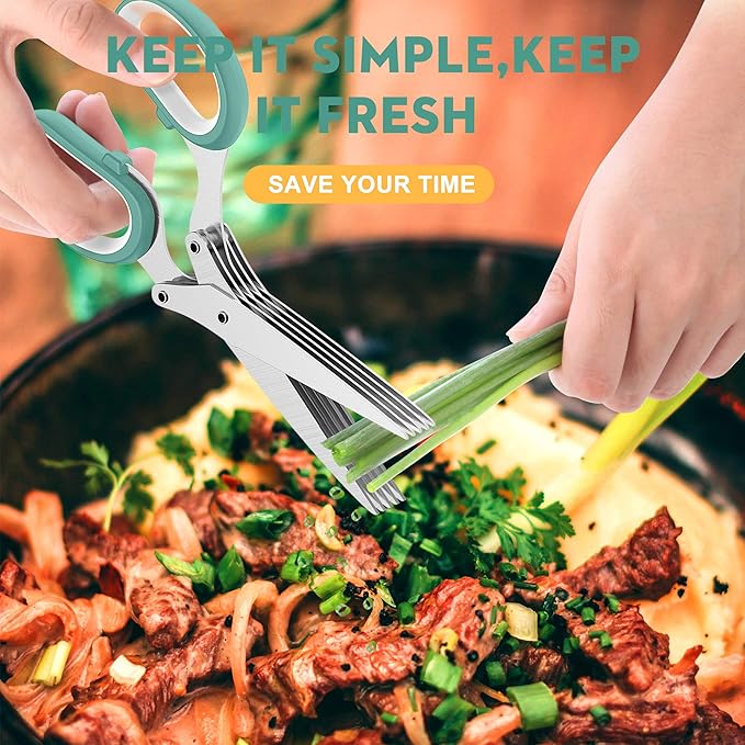 Herb Scissors with 5 Blades and Cover, Kitchen Herb Cutter with Cleaning Comb, Stainless Steel Multi Blade Herb Shears for Basil Parsley Cilantro, Easy Clean Cooking Tool, Unique Kitchen Gadgets Gift