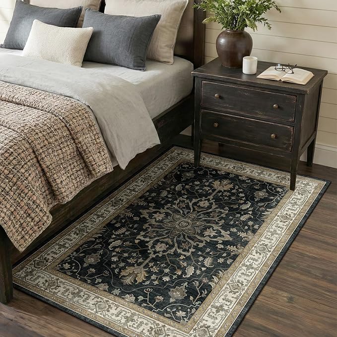 RELEANY Area Rugs 3'x5' Washable Non-Slip, Floral Vintage Distress Medallion Carpet for Living Room Bedroom Dining Room, Vintage Black Brown Neutral