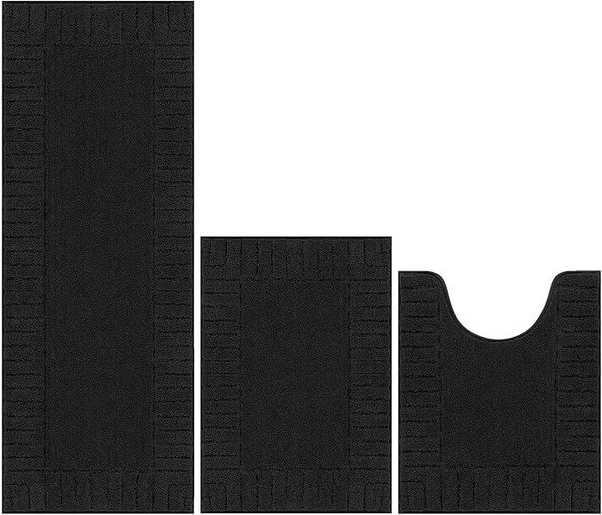 Pauwer Bathroom Rugs Sets 3 Piece Bathroom Shower Rugs with U-Shaped Contour Toilet Mat Absorbent Microfiber Plush Bath Mats Non Slip Bath Rugs Machine Washable Shaggy Bath Mat Set, Black