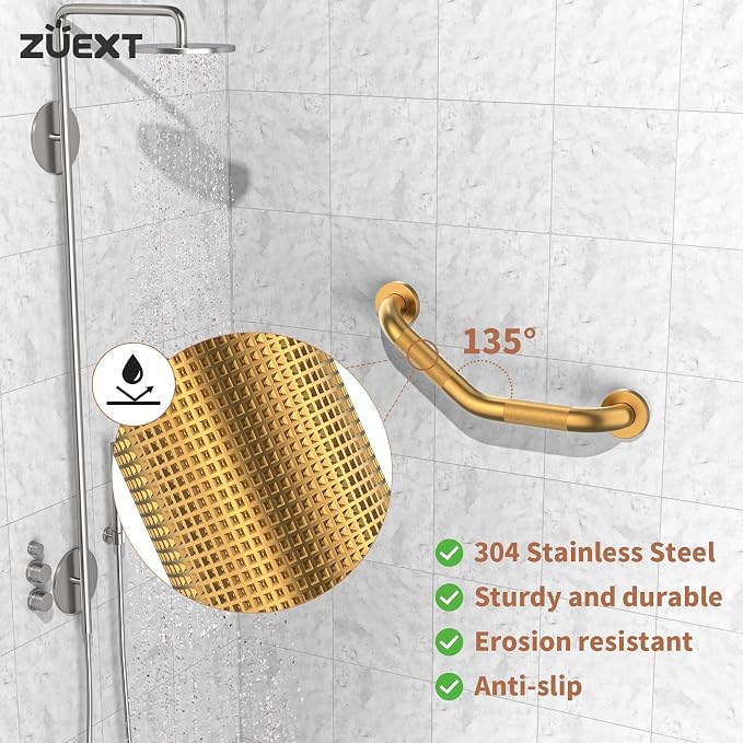 16 Inch Angled Grab Bar, ZUEXT Anti Slip Shower Grab Bar Handles, Brushed Gold Stainless Steel Knurled Bathroom Balance Bar, Safety Hand Rail Support for Handicap Elderly Injury Senior
