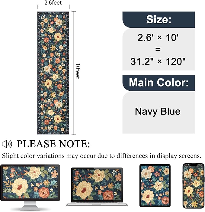 DUKINO Runner Rug for Hallway, 2.6x10 Washable Floral Long Kitchen Rug with Non Slip Backing, Lightweight & Stain Resistant Runners for Indoor Entrance, Laundry, Living Room, Bedroom, Navy Blue