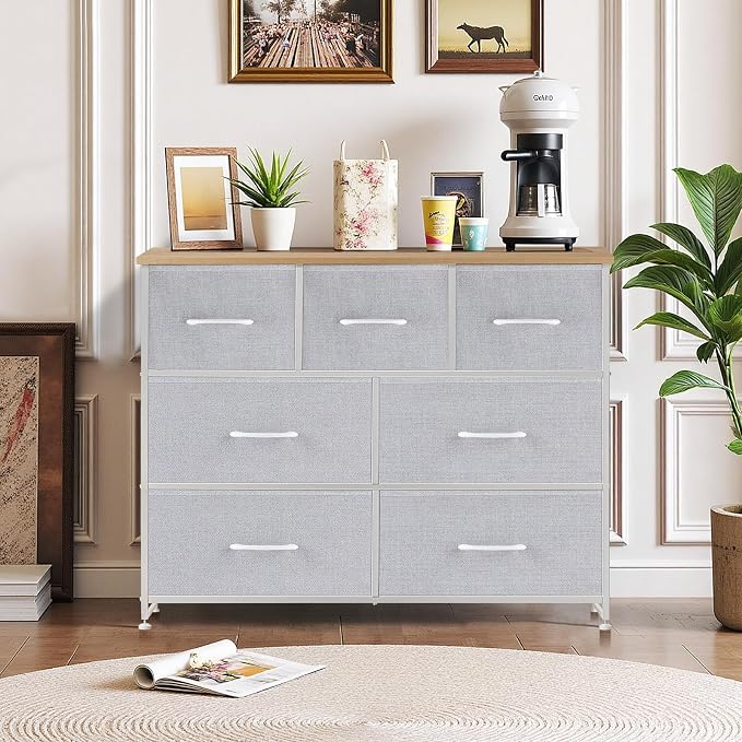 7-Drawer Dresser for Bedroom, Anti-Tip Wide Storage Organizer Fabric Chest of Drawers TV Stand for 45" TV with Wooden Top and Metal Frame for Closet, Living Room, Hallway, Entryway, Light Gray