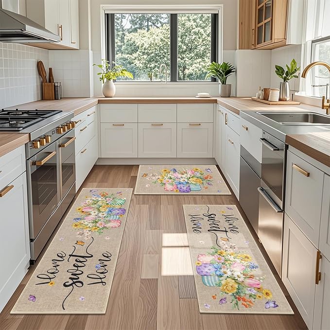 Vaukki Boho Kitchen Rug Sets 3 Pieces, Washable Kitchen Mats for Floor, Non Slip Soft Kitchen Area Rug Floor Mat for Kitchen, Laundry Room and Hallway (Spring Vase, 20''x32''+20''x47''+20''x59'')