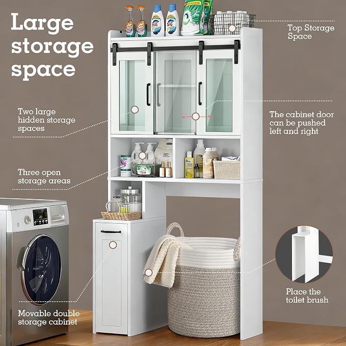 Over The Toilet Storage Cabinet, Extendable Rolling Drawer-Style, Mobile, Acrylic Sliding Doors, Adjustable Shelving, Compact Bathroom Storage with Toilet Paper Holder for Bathroom, Laundry Room