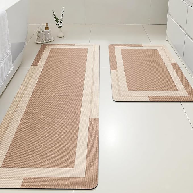 ACCUMTEK Non Slip Bath Mat, Thin Bathroom Rugs Fit Under Door, Quick Dry Bath Mats, Machine Washable Bath Rugs for Bathroom, Bathtub & Kitchen, Light Brown/Bordered/24 x17+48"x20"