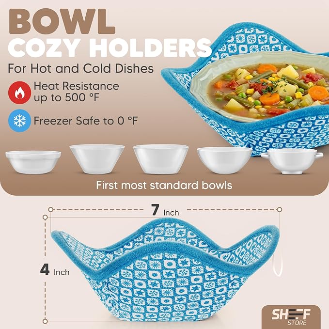 Sheff Microwave Bowl Cozy Holders Set of 4 - Durable and Reliable for Hot and Cold Plates and Dishes - Ideal Household Gift (Blue and White, 7 inch)