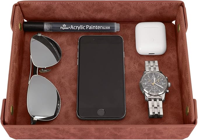 CASIRENA Faux Leather Valet Tray Organizer for Men - Catch-All Tray for Entryway Table Key, Wallet, Watch, Coin Change, Phone, Dresser EDC Dump Jewelry, Bedside Nightstand Desk-top
