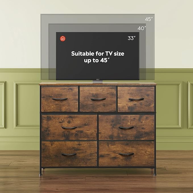 WLIVE 7 Drawer Dresser TV Stand, Entertainment Center, Media Console Table with Metal Frame and Wood Top for TV up to 45 inch, Chest of Drawers for Bedroom, Living Room, Rustic Brown Wood Grain Print