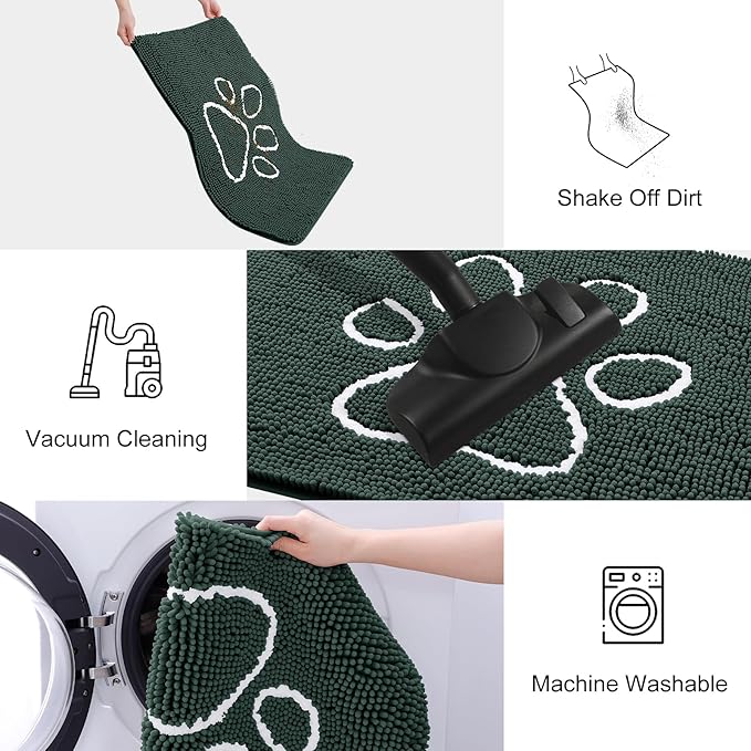 Smiry Dog Door Mat for Muddy Paws, Absorbent Dirt Trapper Non Slip Quick Dry Washable Chenille Mat for Mud Dogs, Entry Rug for Indoor and Outdoor (71x46 Inches, Green and White)