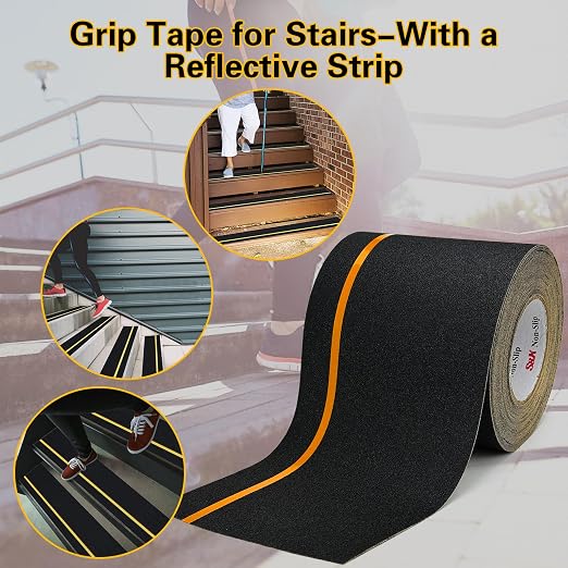 S&X Heavy Duty Anti Slip Tape 6 Inch x 60 Ft, 2X Longer Enhanced Adhesive Grip Tape with Reflective Strip, Outdoor Stair Treads Non-Slip for Steps Ramps Boats Decks Long-Lasting