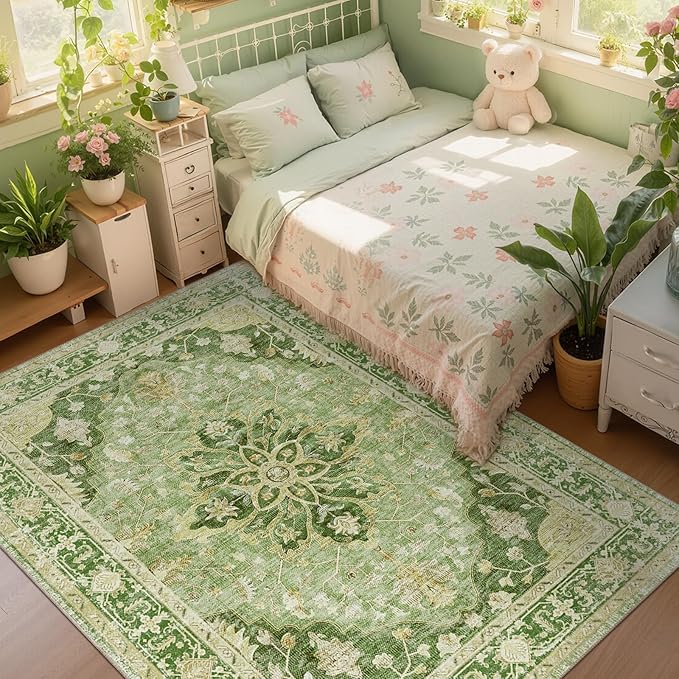RELEANY Area Rugs 8'x10' Washable Non-Slip, Floral Vintage Distress Medallion Carpet for Living Room Bedroom Dining Room, Sage Green Yellow