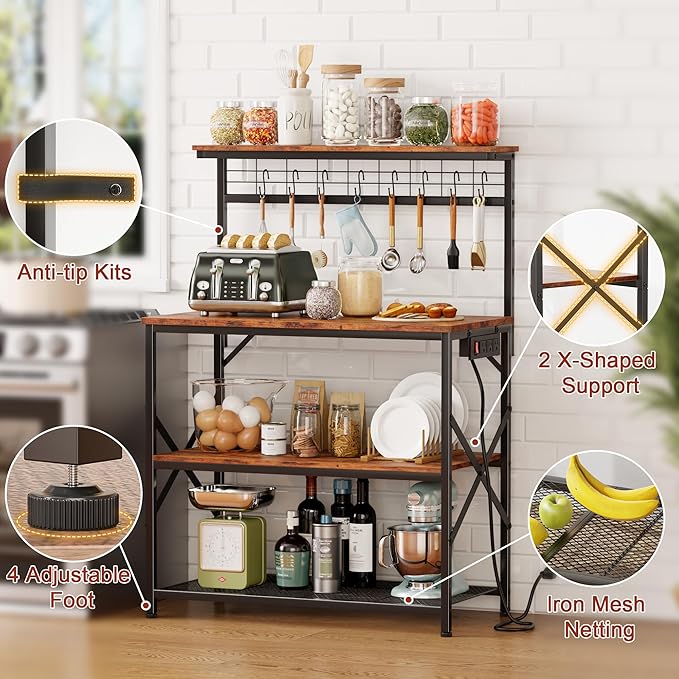 Furologee Kitchen Bakers Rack with Power Outlet,Coffee Stand with Storage 4 Tiers,Coffee Bar Station with a 31.5 Inch Larger Desktop and 8 S Hooks,Kitchen Microwave Rack for Spices,Pots,Rustic Brown