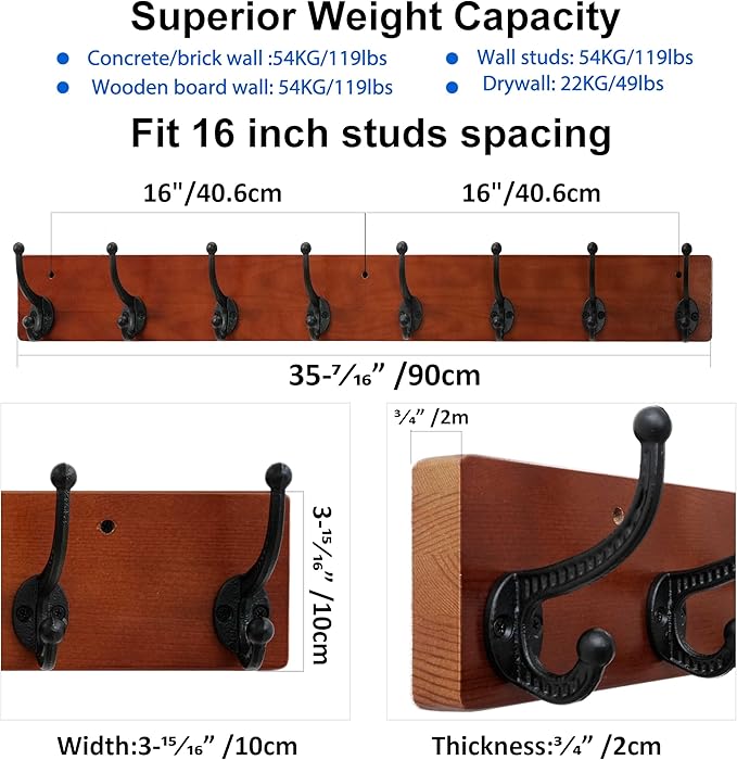 WEBI Rustic Coat Rack Wall Mount,35.43" Long 8 Cast Iron Coat Hooks Wall Mounted,Heavy Duty Wood Wall Coat Hanger Hooks for Hanging Coats,Jacket,Clothes,Backpack,Farmhouse,Cherry