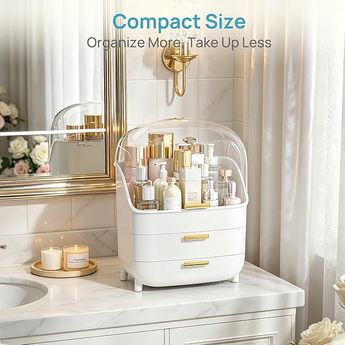 Vtopmart 3-Tier Skincare Makeup Organizer with Drawers and Lid for Vanity and Bathroom Countertop, Large Cosmetic Storage Box Case for Dresser, with Non-Slip Base
