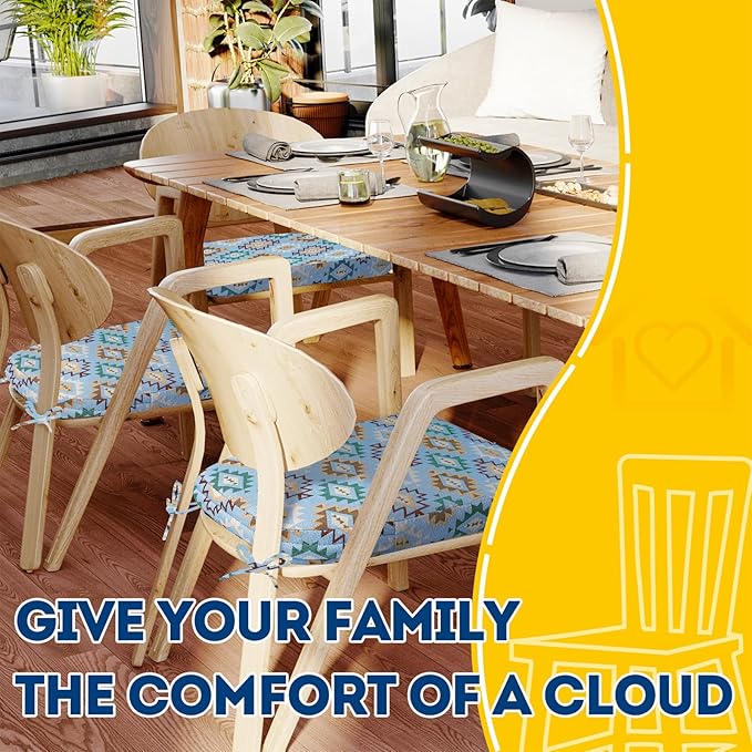 AAAAAcessories D-Shaped Chair Cushions, 2" Thick Dining Chair Pads with Ties and Removable, Machine-Washable Cover, 17" x 16", Set of 6, Geometric Blue
