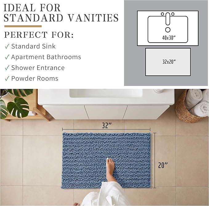 Yimobra Bathroom Rugs Non Slip Washable 32x20 Inch - Ultra Soft Absorbent Chenille Bath Mat, Quick Dry Shaggy Floor Carpet for Tub Shower, Denim Blue Home Decor Accessories