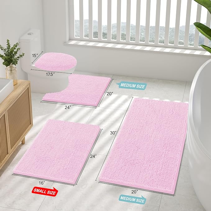 Smiry Luxury Chenille Bathroom Rugs 59x24, Extra Soft and Absorbent Shaggy Bath Mat, Machine Washable, Non-Slip Plush Carpet Runner for Tub, Shower, and Floor, Home Decor Accessories, Pink