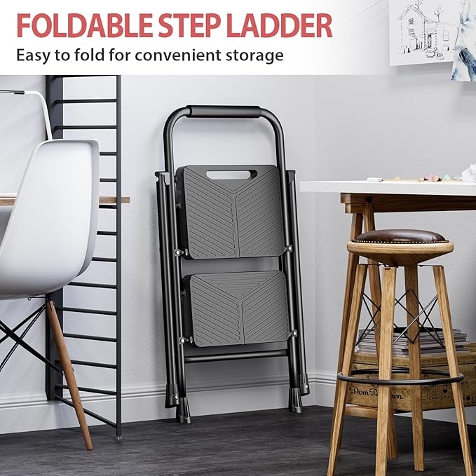 KINGRACK Folding 2 Step Ladder, Portable Ladder for Multi-Purpose, Home, Kitchen, Heavy Sturdy Steel Step Stool with Anti-Slip Wide Pedals, Handrail, Safe-Lock Design, Pass 500lbs Load Testing, Black