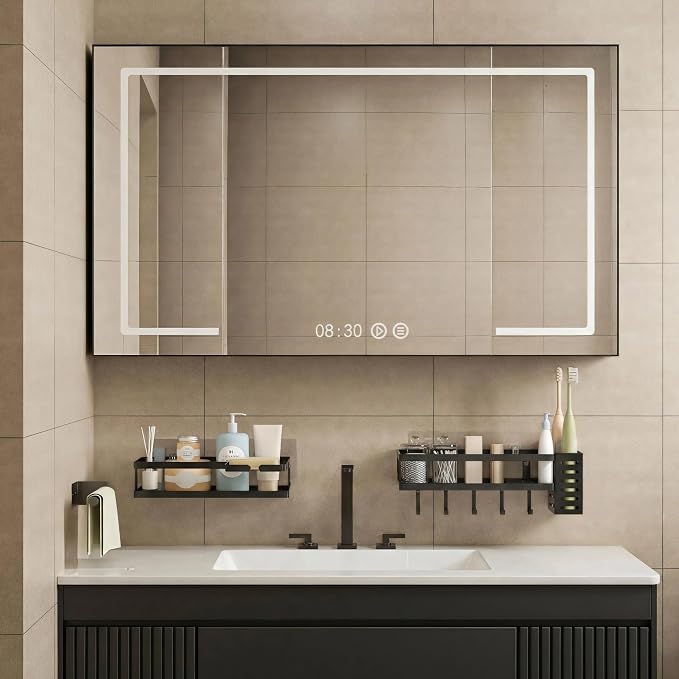 PUSDON 5-in-1 Shower Caddy & Kitchen Organizer Set, Wall Mount Wide Spice Rack with Paper Towel Holder, Utensil Holder, Soap Dish, Rustproof Mesh Baskets Hold 50LBS - Matte Black, Guardrail