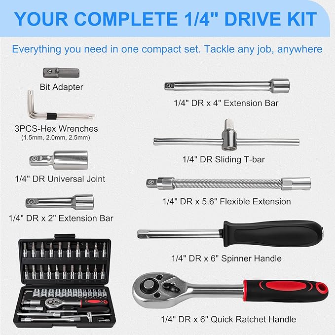 46PCS 1/4 Inches Ratchet Socket Wrench Set, Metric Socket Ratchet Wrenches Set, Ratcheting Wrench Tool Sets for Men, Premium Small Car Tool Kit for Automotive, Household Maintenance and Repairs