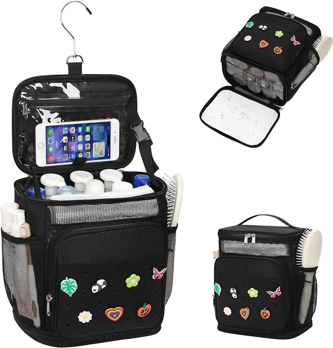 Shower Caddy Portable, Hanging Shower Caddy with DIY Decoration Charms for College Dorm Room Essentials, Quick Dry Shower Bag Mesh Toiletry Bag for Bathroom, Gym, Camping, Swiming, Beach, Traveling