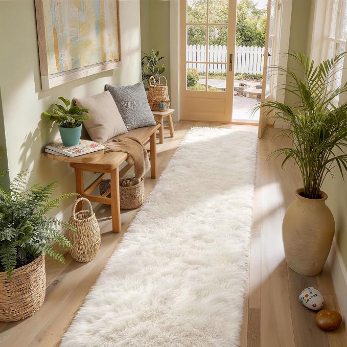 Ophanie Runner Rug for Hallway, 2.5x12 Washable Non-Slip Fluffy Soft Bedside Rugs, Bedroom Living Room Shaggy Carpet for Kids Girls Boys Dorm Nursery Home Decor Aesthetic, Ivory