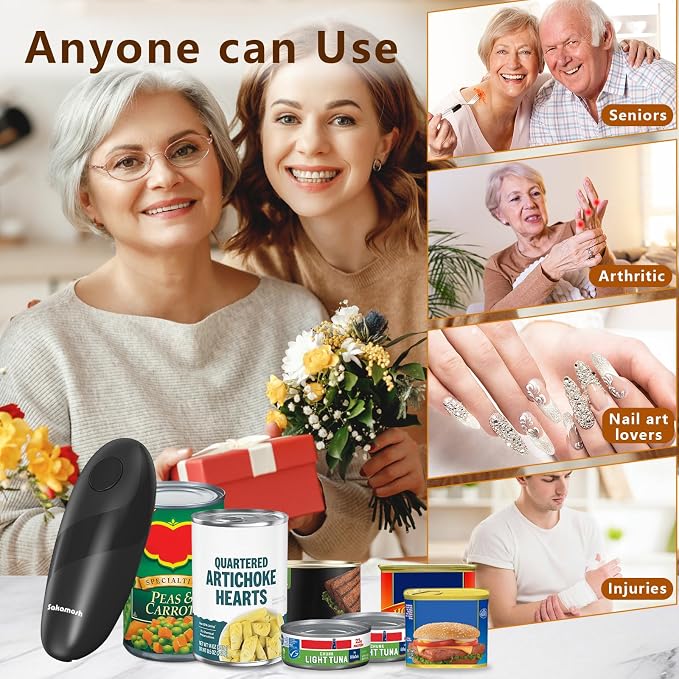 SAKAMOSH Electric Can Opener Smooth Edge, Battery Operated Kitchen Can Opener for Seniors with Arthritis, One Touch Side Cut Fits Most Can Sizes, Left-handed Friendly, Ideal Holiday Gift