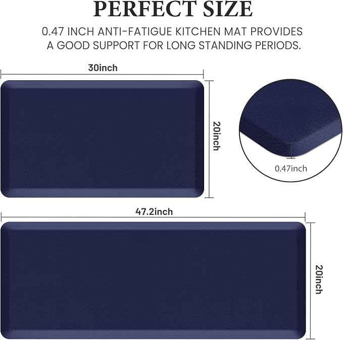 HappyTrends 2 PCS Kitchen Mat Cushioned Anti-Fatigue Floor Mat, Heavy Duty Ergonomic Comfort Foam Standing Mat,20"x30"+20"x47",Navy