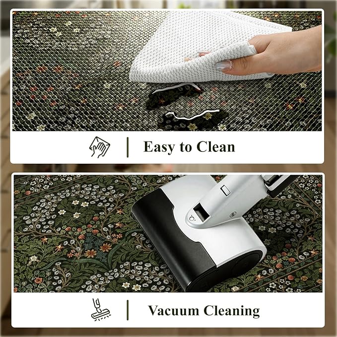 Collive Anti Fatigue Kitchen Rugs Sets of 2, Non Slip Waterproof Kitchen Mat Spring Vintage Floral Runner Rug, Ergonomic Comfort Desk Rugs for Floor, 20" x 47" + 20" x 32", Dark Green