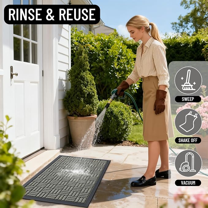OLANLY Front Door Mat Outside Entrance 47x17, Absorbent, Heavy Duty Sturdy Natural Rubber Doormat Indoor Outdoor, Non-Slip, Stain and Fade Resistant, Low Profile Floor Mat for Entryway, Modern Gray