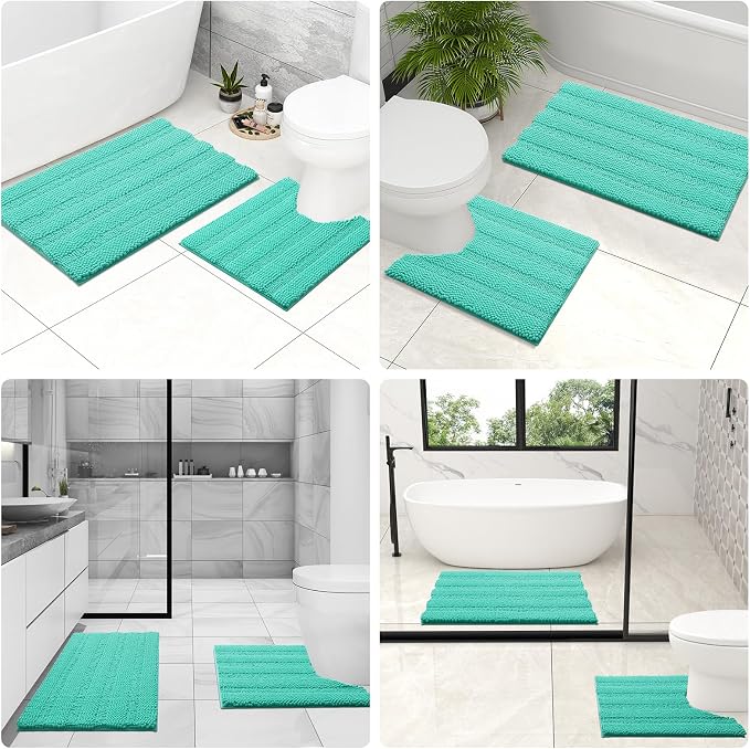 Grandaily Chenille Striped Toilet Rugs U-Shaped 24x20, Extra Soft and Absorbent Bathroom Rugs, Non-Slip Plush Shaggy Bath Rug, Machine Washable Contour Bath Mats for Toilet Base, Teal